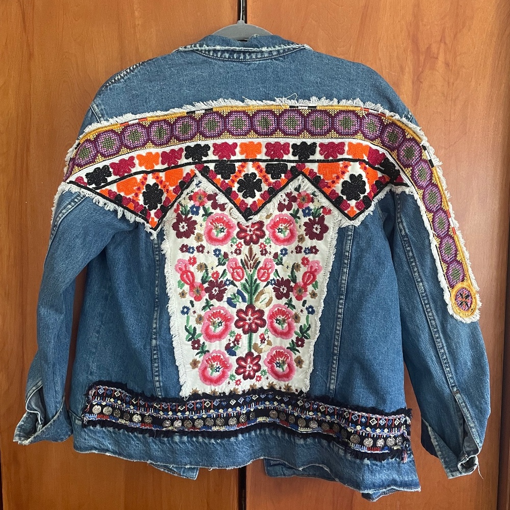 Zara embroidered oversized boho denim jacket